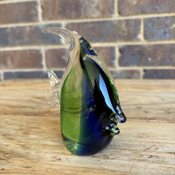 Blue Green Clear Glass Tropical Fish Paperweight Figure 5” Tall Polished Bottom - Picture 2 of 13